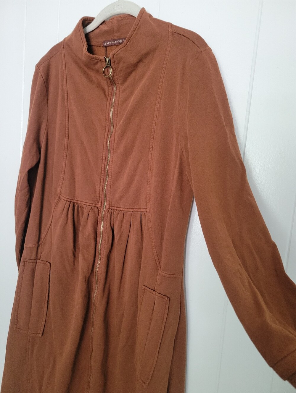 NWT Wearables XCVI Fleece Funnel Neck Longcoat Zip Front Brown Cinch Hem LG - Picture 10 of 16